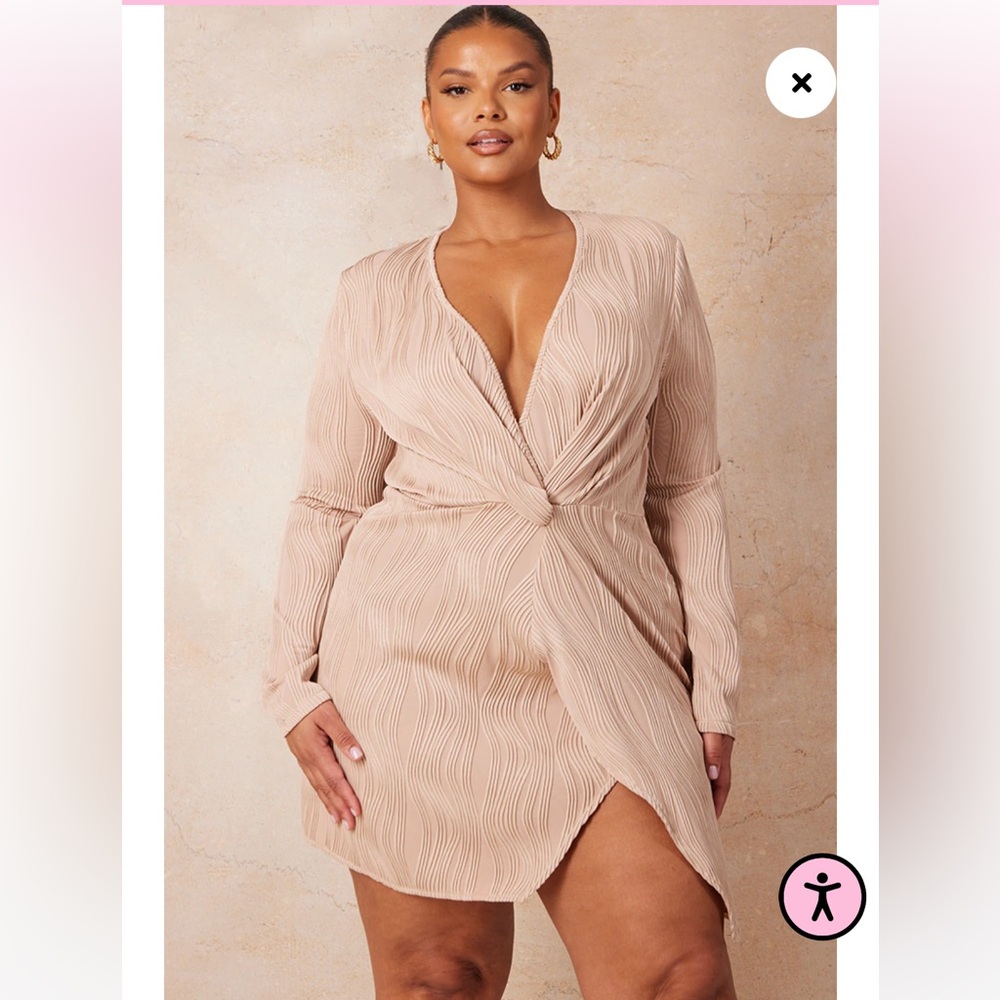 Pretty little thing plus size plus stone plisse wrap front dress long sleeve